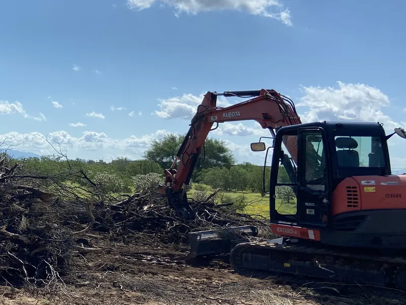 Green waste removal in Tucson: an excavator loading a large brush pile
