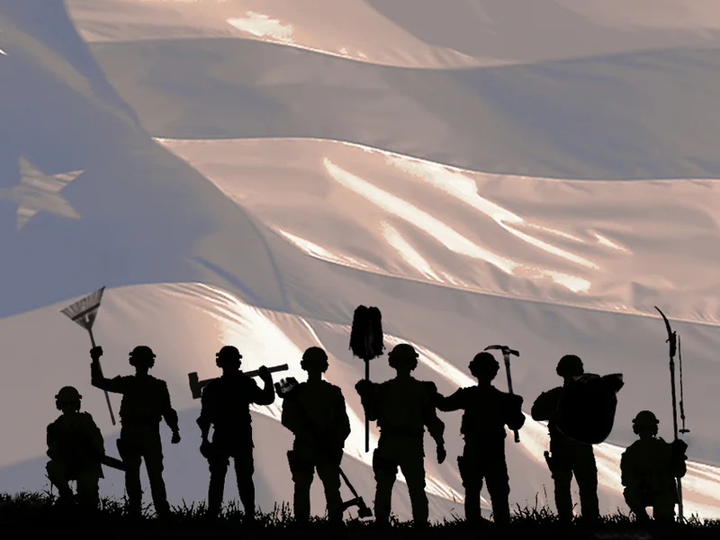 Silhouettes of a work crew with rakes, shovels and hammers in front of an American flag: Grunt-Work is veteran owned and operated